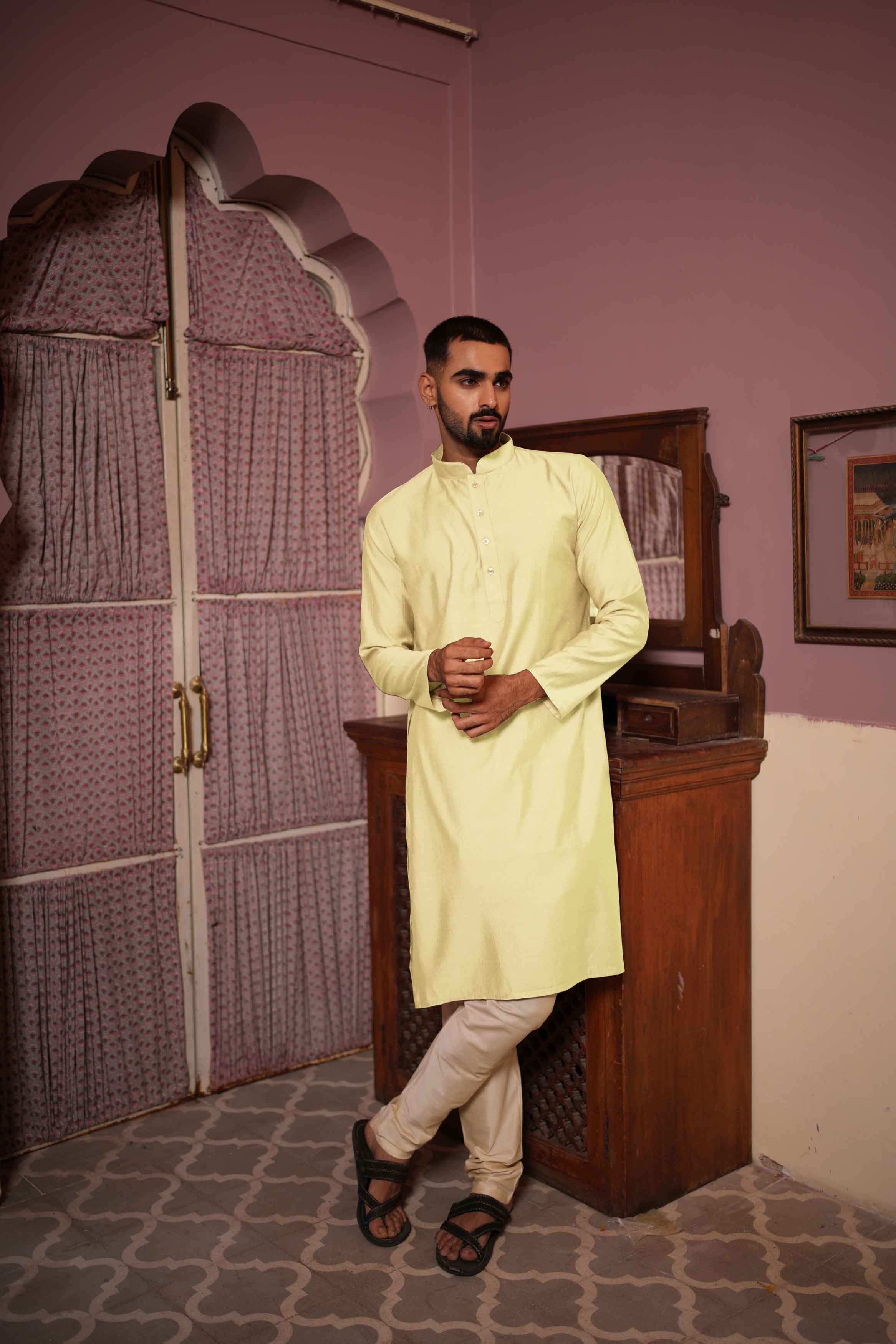 Light Yellow Viscose Solid Kurta
